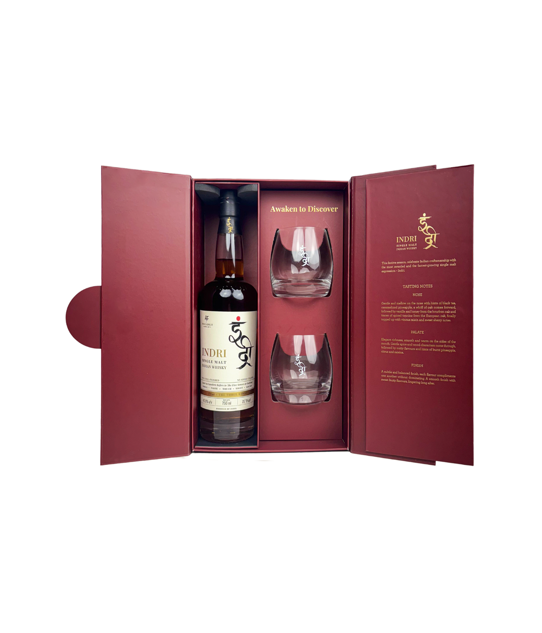 Indri Trini Three Wood whisky gift pack with two branded glasses