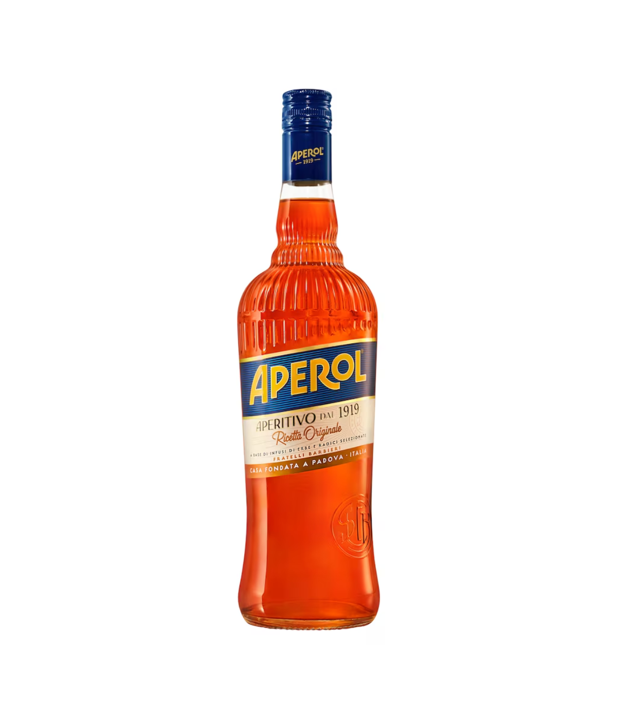 A bottle of Aperol Alcopop Gin Tonic non-alcoholic drink, featuring its signature blue and yellow label and ribbed glass bottle, isolated on a white background.