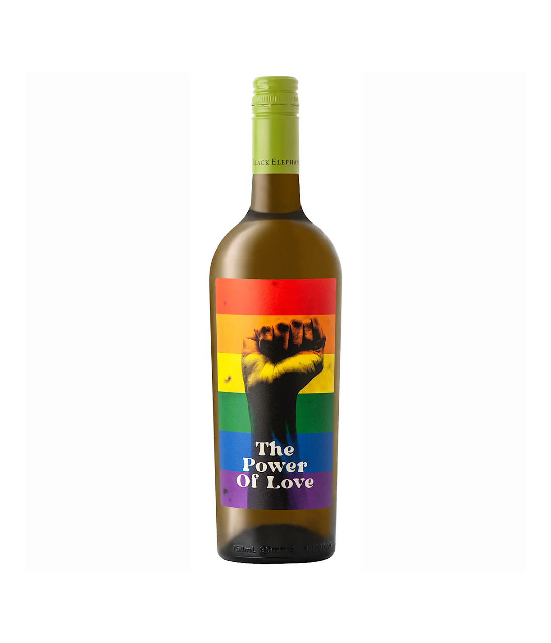 Wine bottle with a colorful label featuring a raised fist and &