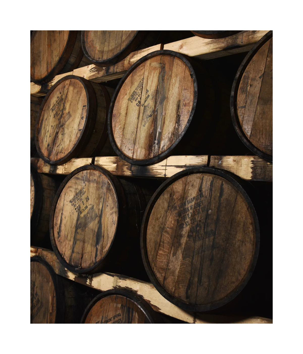 Stack of whisky barrels in a warehouse setting