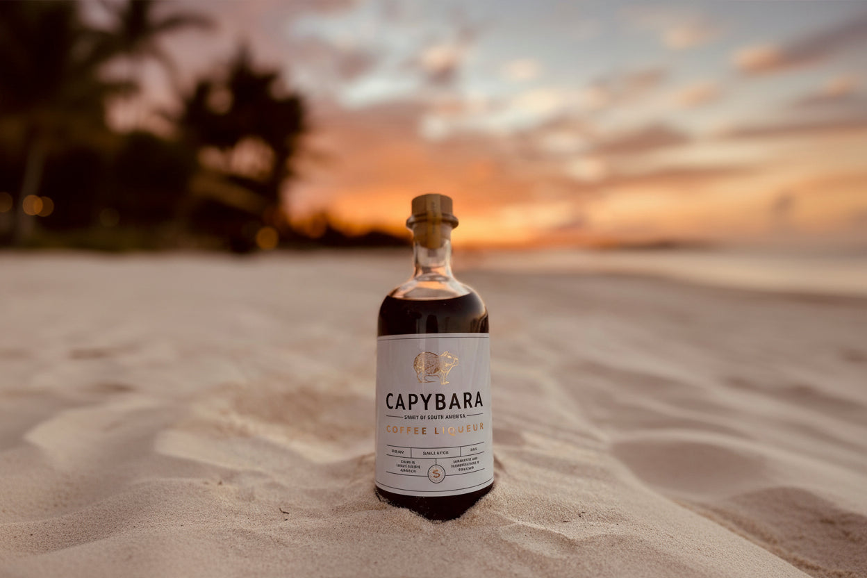 Capybara coffee liqueur bottle on a sandy beach with a sunset in the background