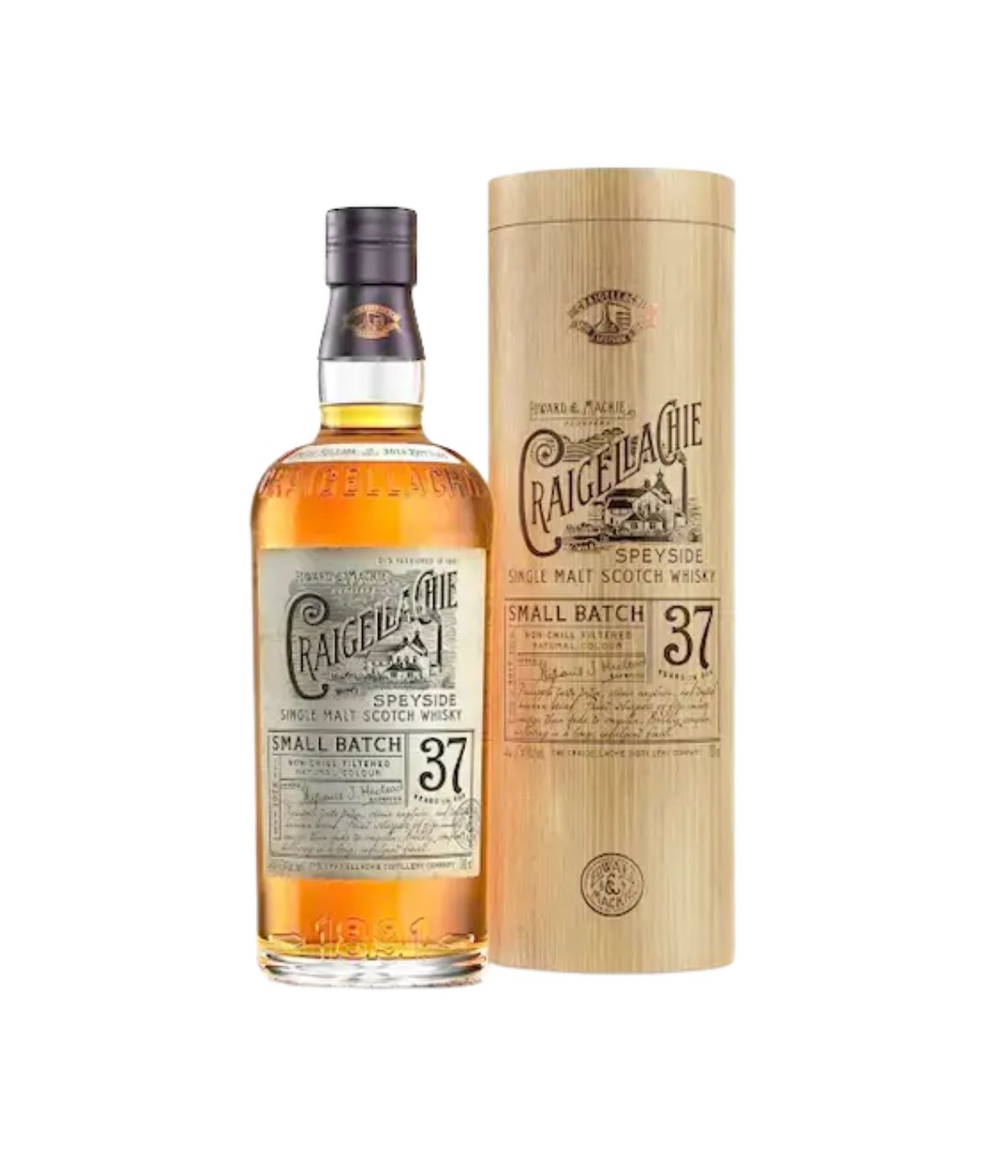 A bottle of Craigellachie Speyside Small Batch 37 Year Old single malt Scotch whisky stands next to its light wood presentation tube on a plain white background.