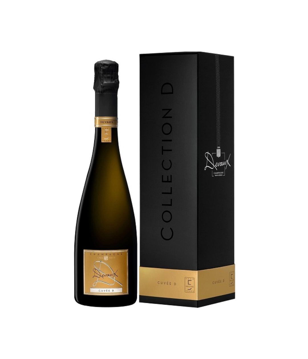 A bottle of devaux champagne with a gift box 