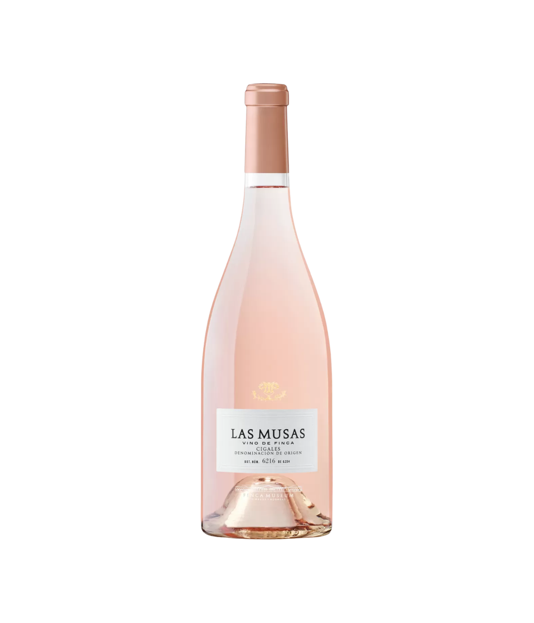 Bottle of Las Musas rosé wine on a white background