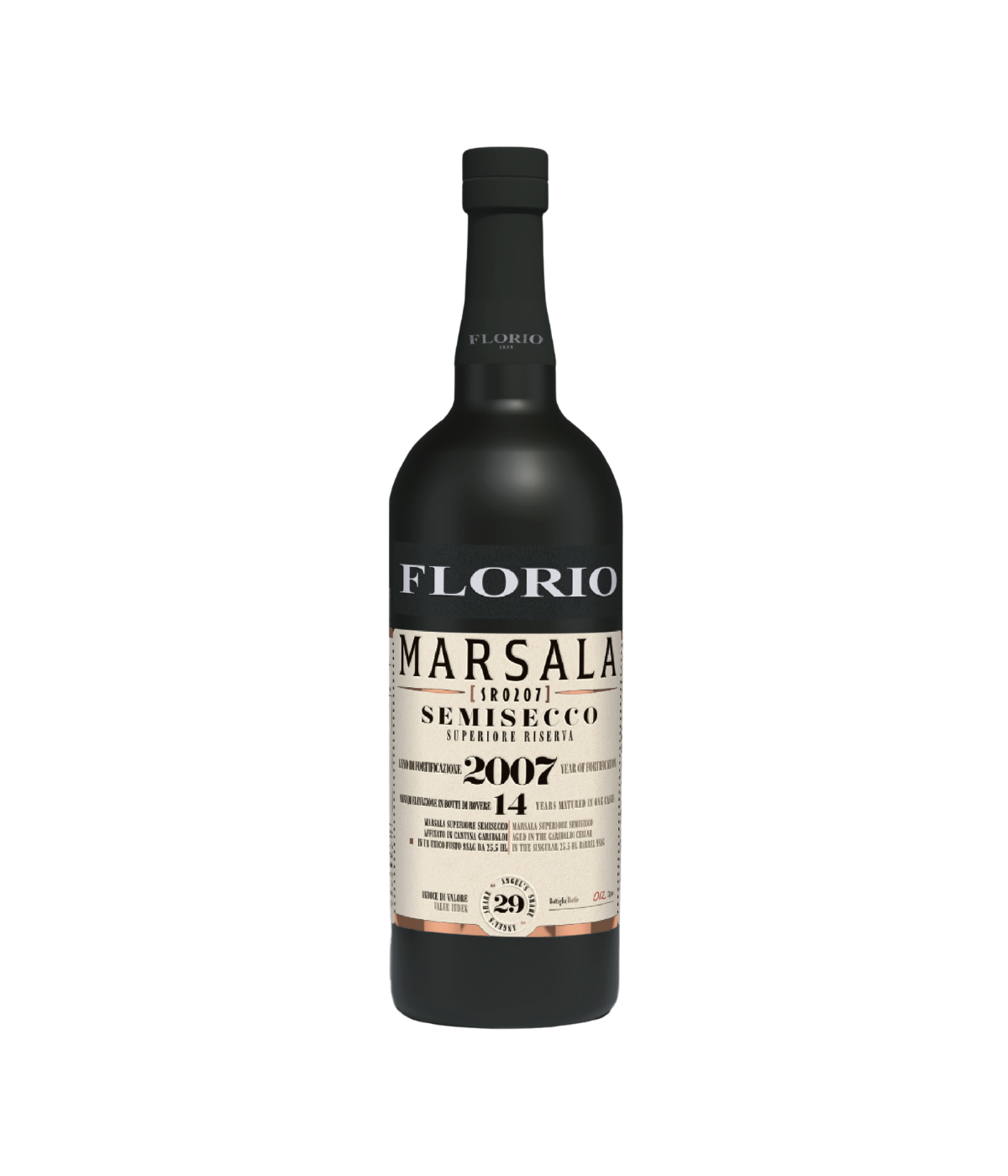 A bottle of Florio Marsala Semisecco liqueur, featuring a dark glass bottle with a black cap and a cream-colored label with black text.