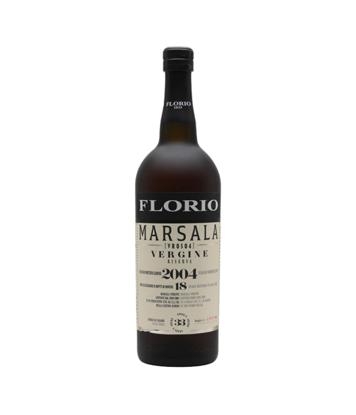 A bottle of Florio Marsala Vergine 2004 wine, featuring a dark brown glass bottle with a cream-colored label and black text, set against a plain white background.