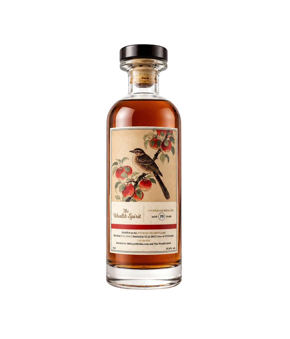 Bottle of foursquare rum with a decorative label on a white background