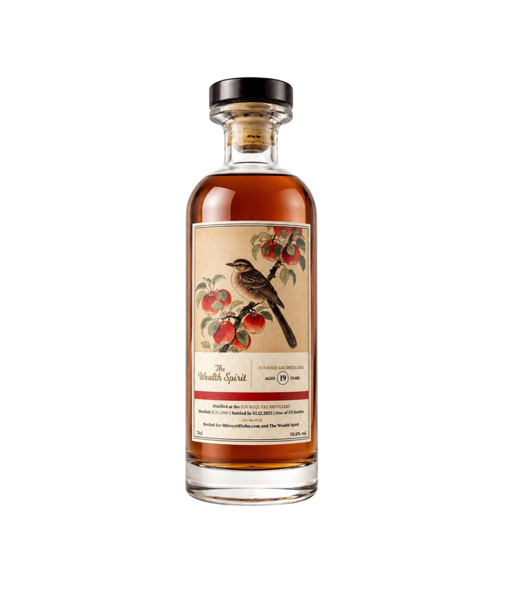 Bottle of foursquare rum with a decorative label on a white background