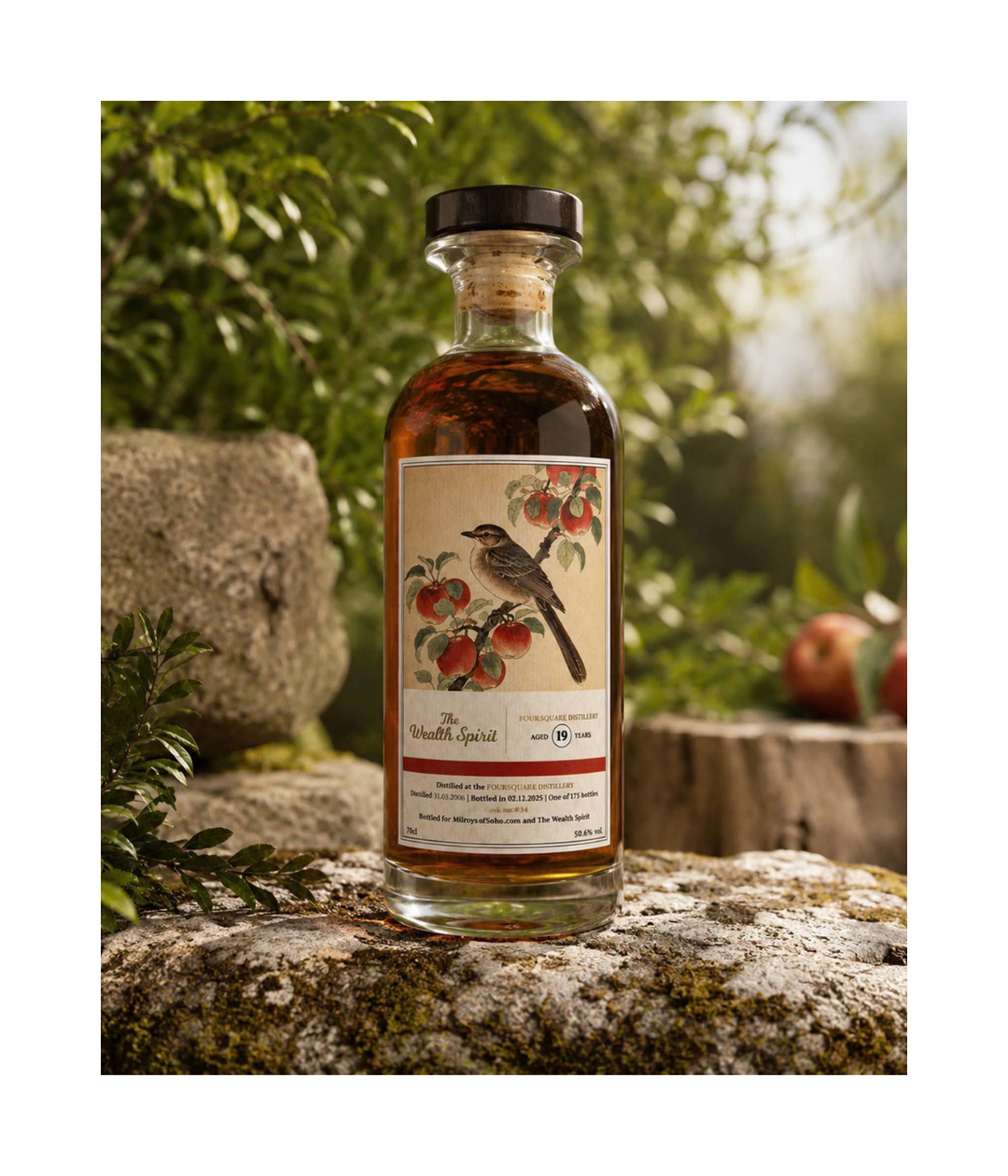 Bottle of rum with a decorative label featuring an apple tree and bird, set against a natural background.