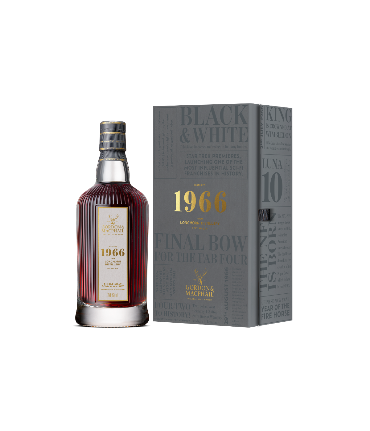 A bottle of Gordon & MacPhail 1966 Black & White whisky stands next to its grey presentation box on a plain white background.