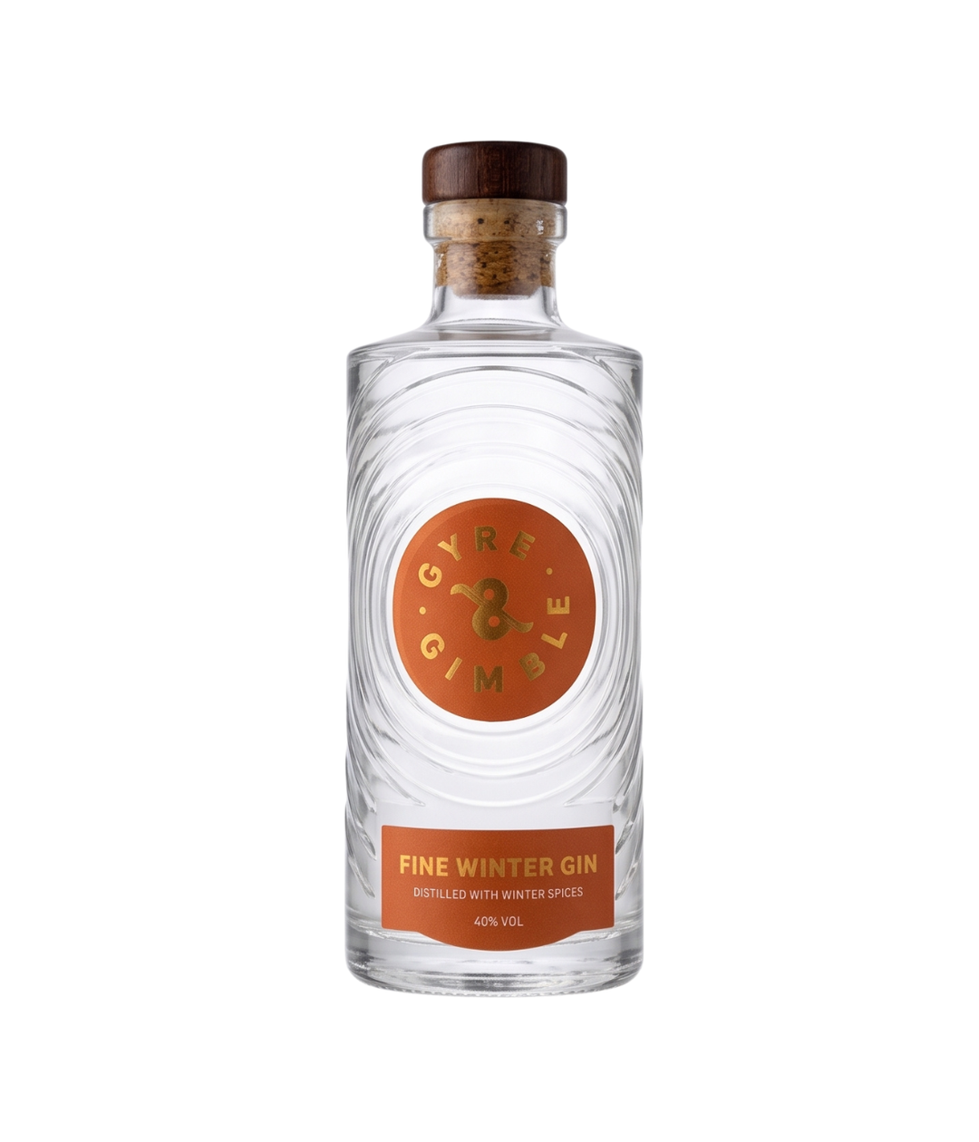 A clear glass bottle of Gyre &amp; Gimble Winter Gin with a cork stopper, featuring a textured clear label with a prominent orange circular logo and a matching orange label band at the bottom.