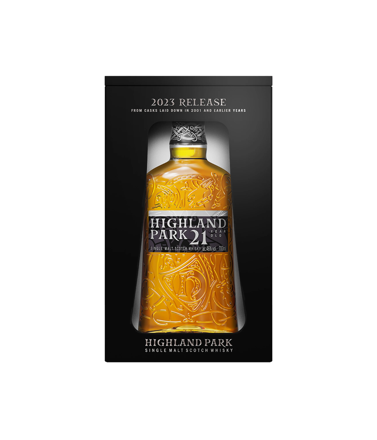 Highland Park 21 single malt Scotch whisky bottle in packaging on a white background
