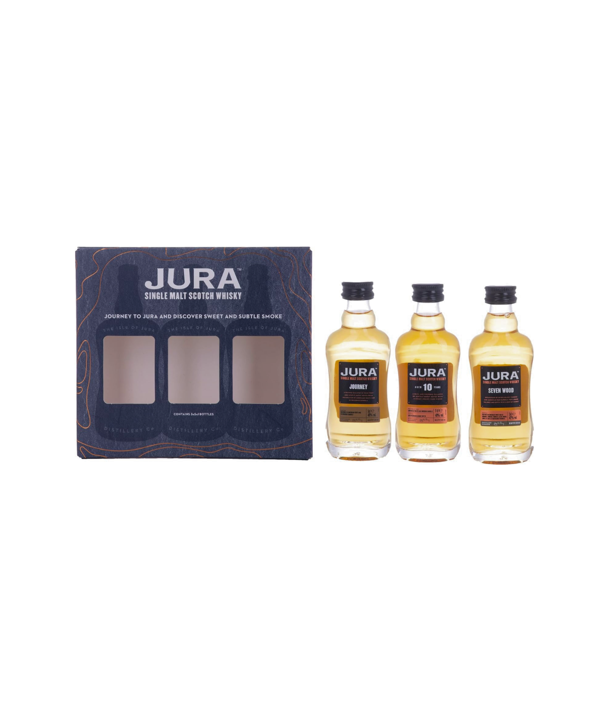 Three bottles of Jura whisky with a packaging box on a white background