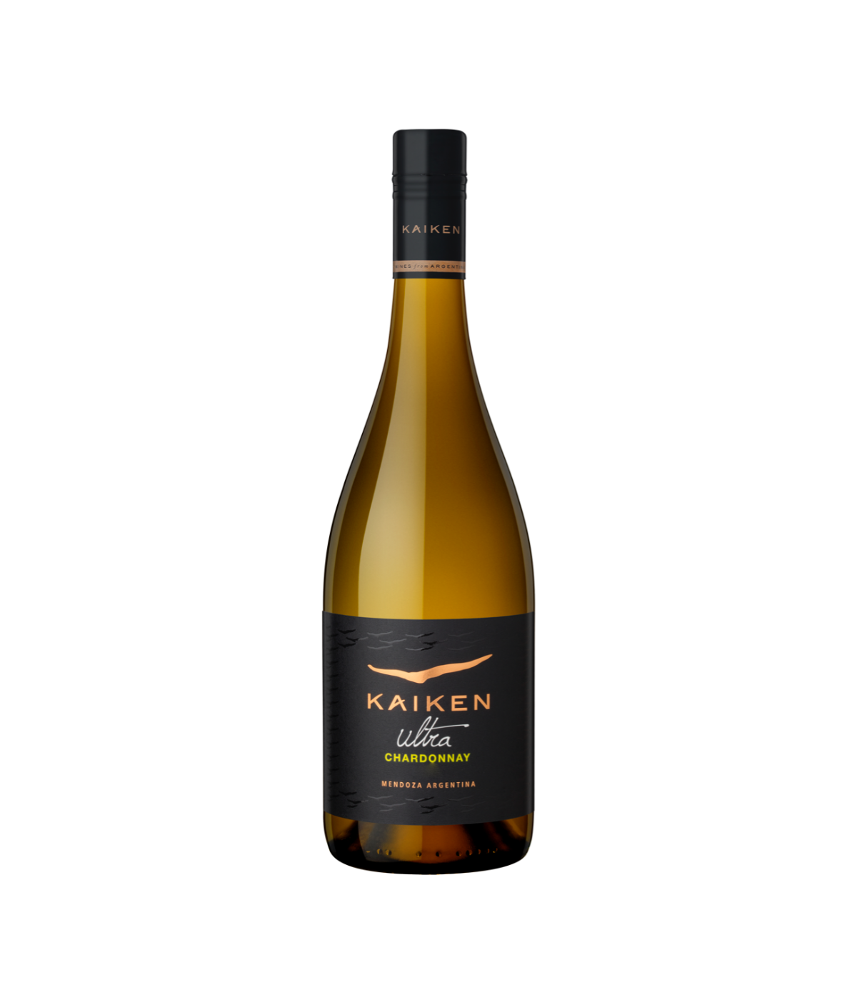 A bottle of Kaiken Ultra Chardonnay white wine, featuring a dark black label with gold and white text, and a black screw cap, set against a plain white background.