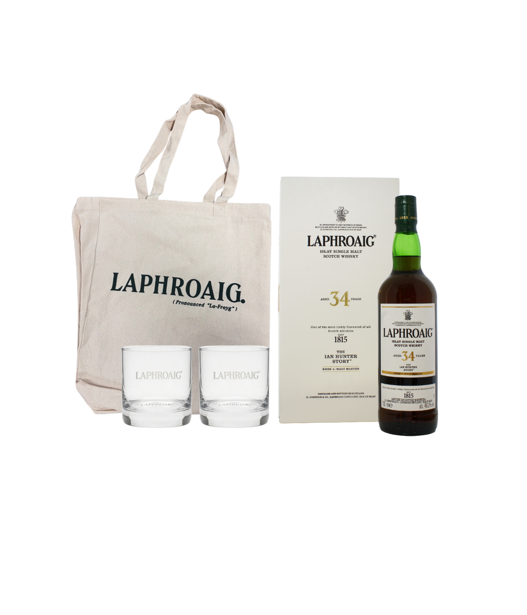 Laphroaig 34 Year Old Ian Hunter Chapter 5 with 2 free glasses and tote bag worth £40