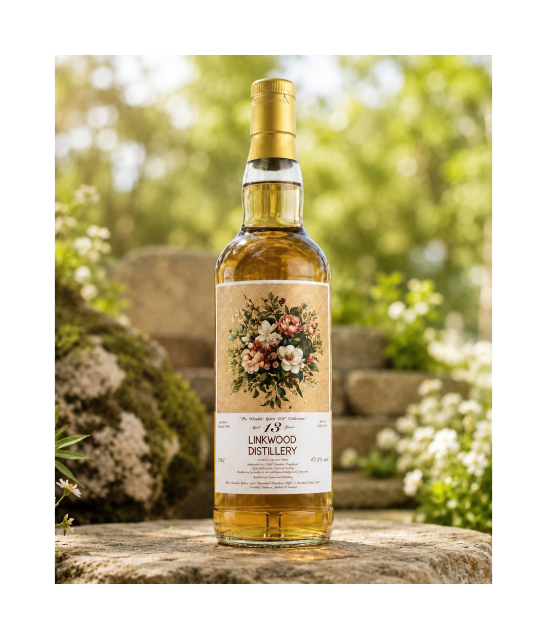 Bottle of Unwood Distillery whisky on a wooden surface with a blurred natural background