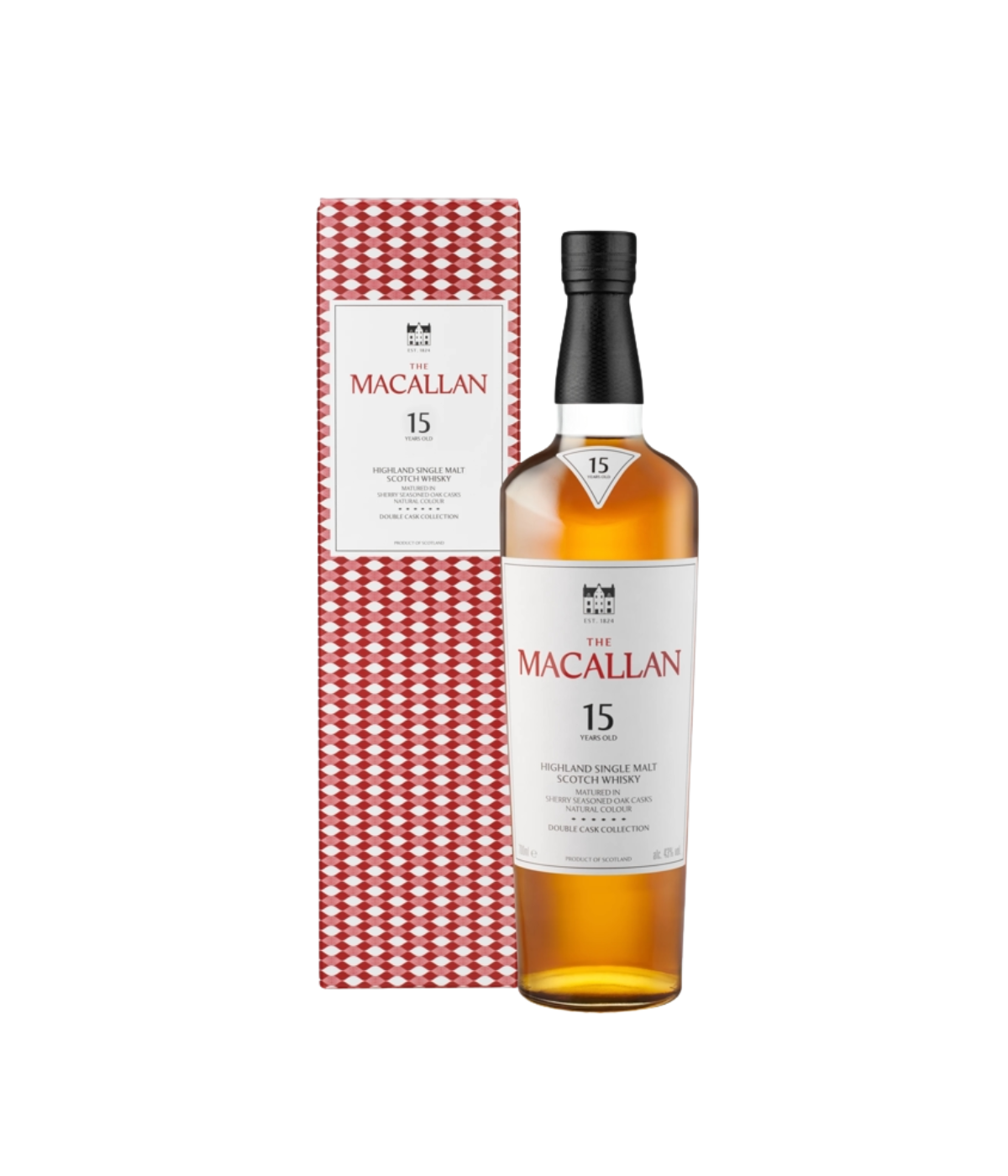 Macallan 15-year-old whisky bottle and box on a white background
