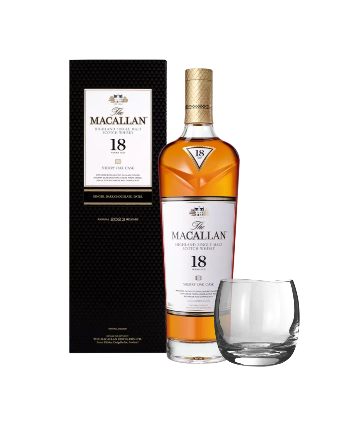 A bottle of The Macallan 18 Year Old Single Malts Scotch Whisky with its black packaging box and a clear glass, set against a plain white background.