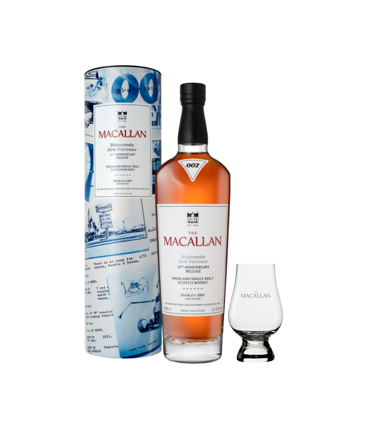 A bottle of Macallan Diamonds are forever whisky stands next to its blue and white illustrated cylindrical packaging tube and a clear glass snifter tumbler engraved with the Macallan name, all on a plain white background.