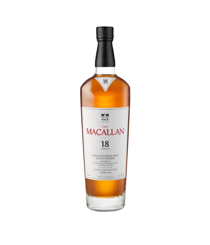 A bottle of The Macallan 18 Year Old Single and Single Malt Scotch Whisky on a plain white background.