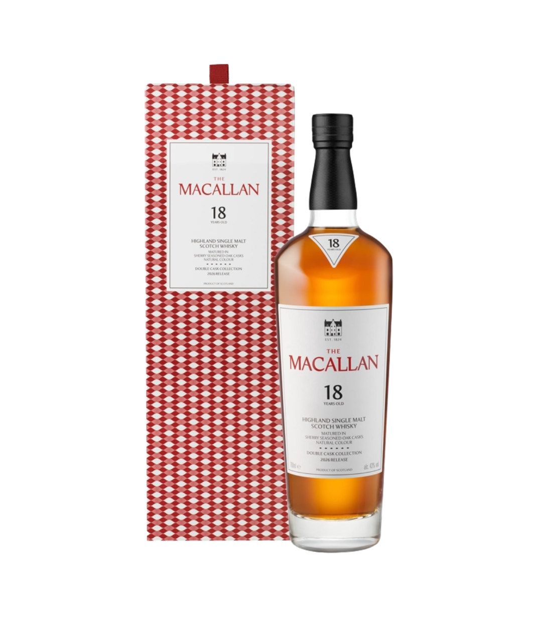 A bottle of The Macallan 18 Year Old single malt whisky next to its red and white patterned gift box, shown on a plain white background.