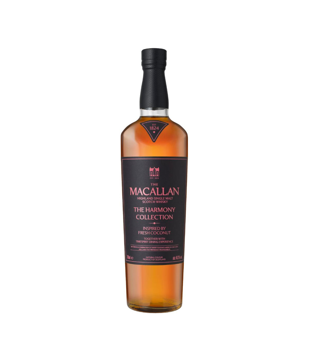 A bottle of Macallan The Harmony Collection scotch whisky on a plain white background.