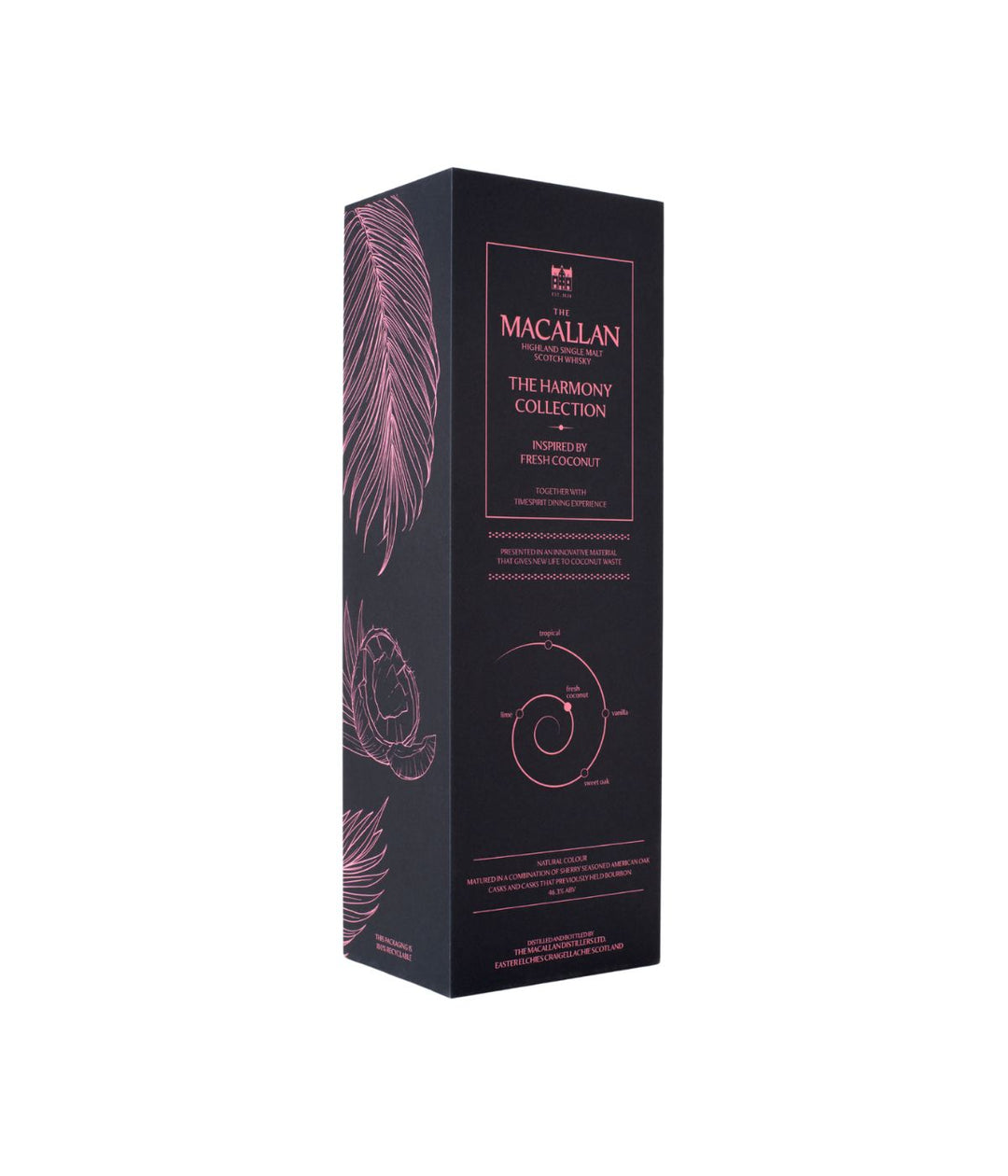Macallan The Harmony Collection Humidity Meter Box in matte black with pink and white text and botanical line art, shown on a plain white background.