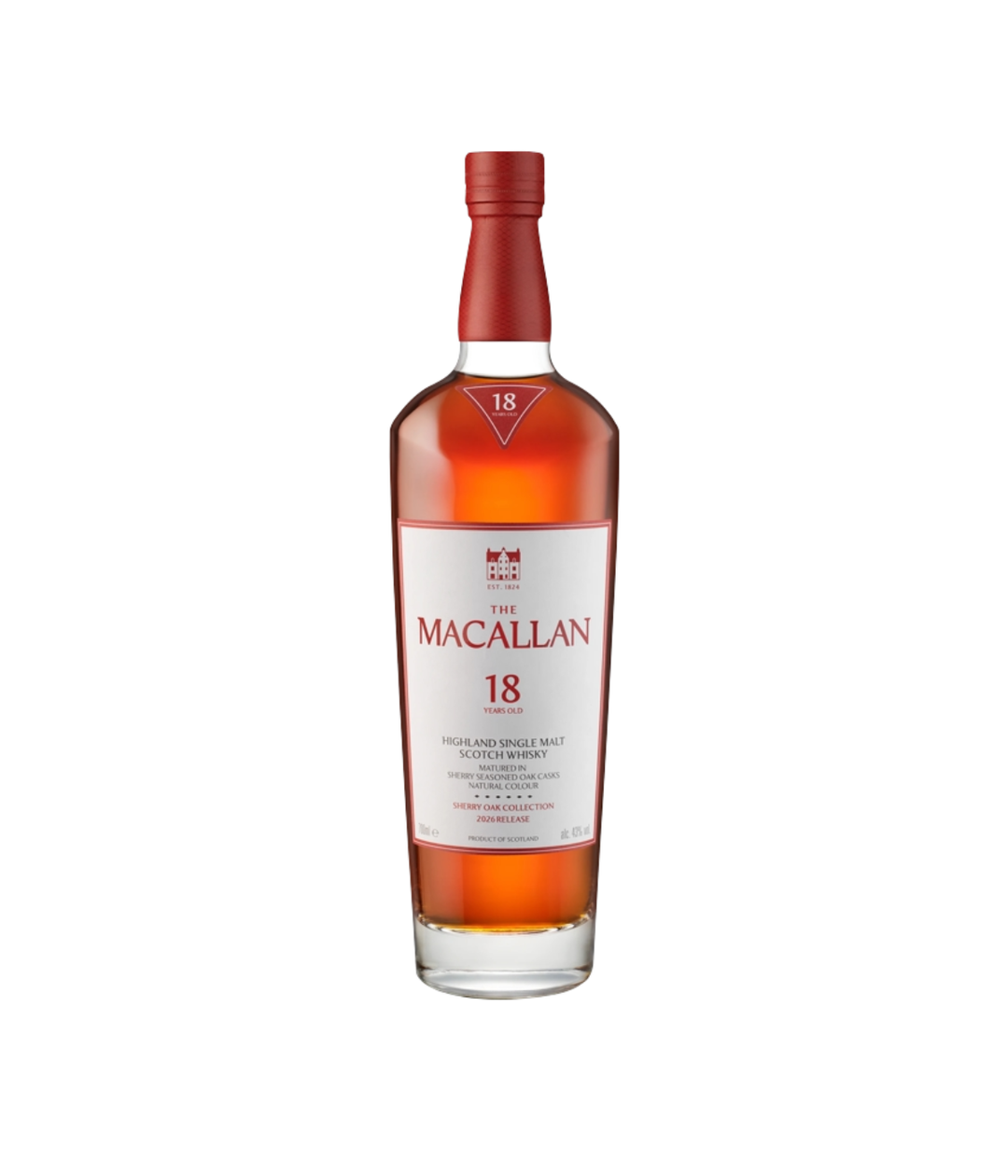A bottle of The Macallan 18 Years Old single malt Scotch whisky on a plain white background.