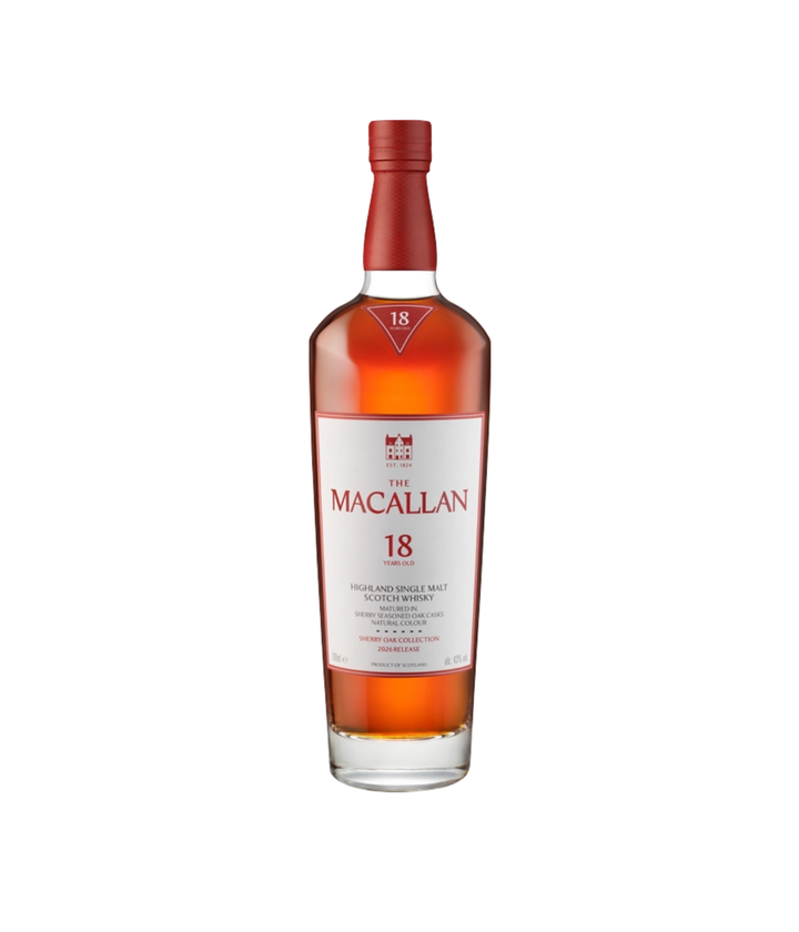 A bottle of The Macallan 18 Years Old single malt Scotch whisky on a plain white background.