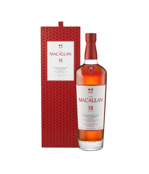 A bottle of The Macallan 18 Year Old Single Malt Scotch Whisky next to its signature red textured packaging box, shown on a plain white background.