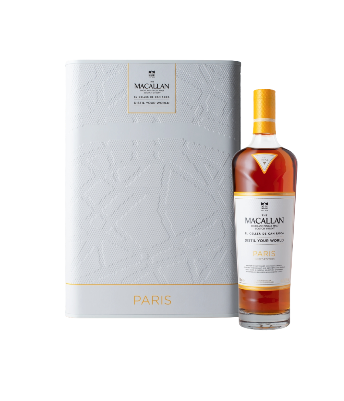 Macallan whisky bottle with packaging on a white background