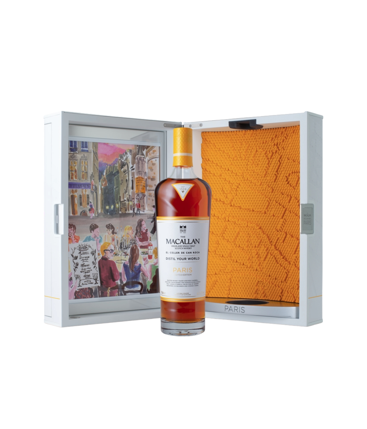 Macallan whisky bottle in a decorative box with artistic illustrations on a white background