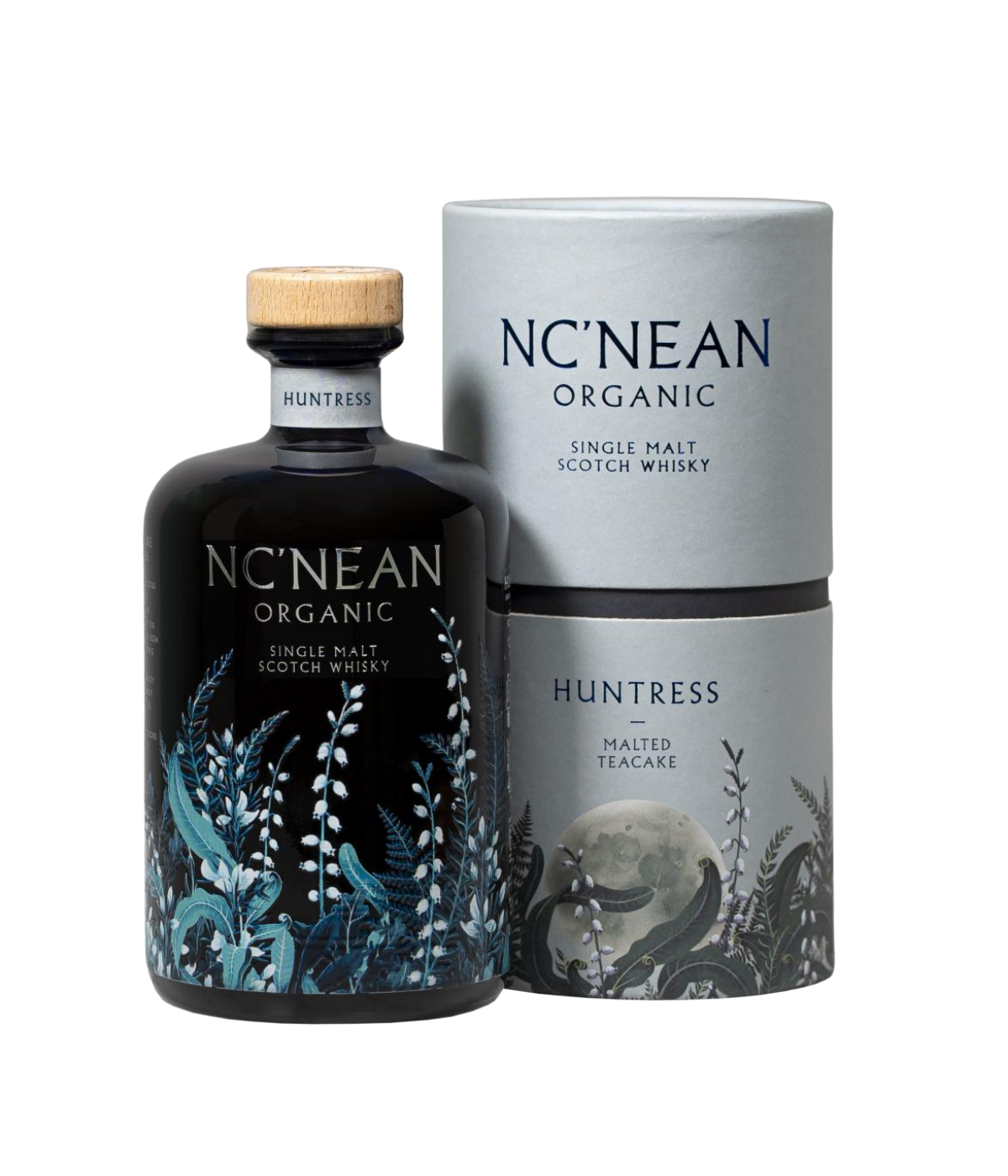 Nc'Nean Organic single malt Scotch whisky bottle and packaging on a white background
