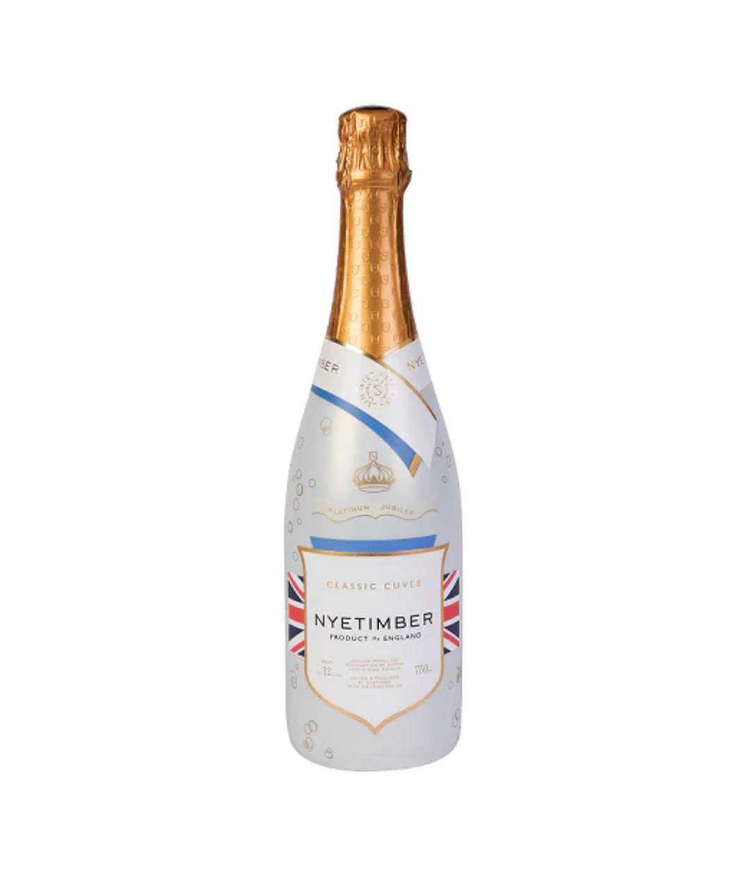 Bottle of Nyetimber sparkling wine with a gold foil cap on a white background