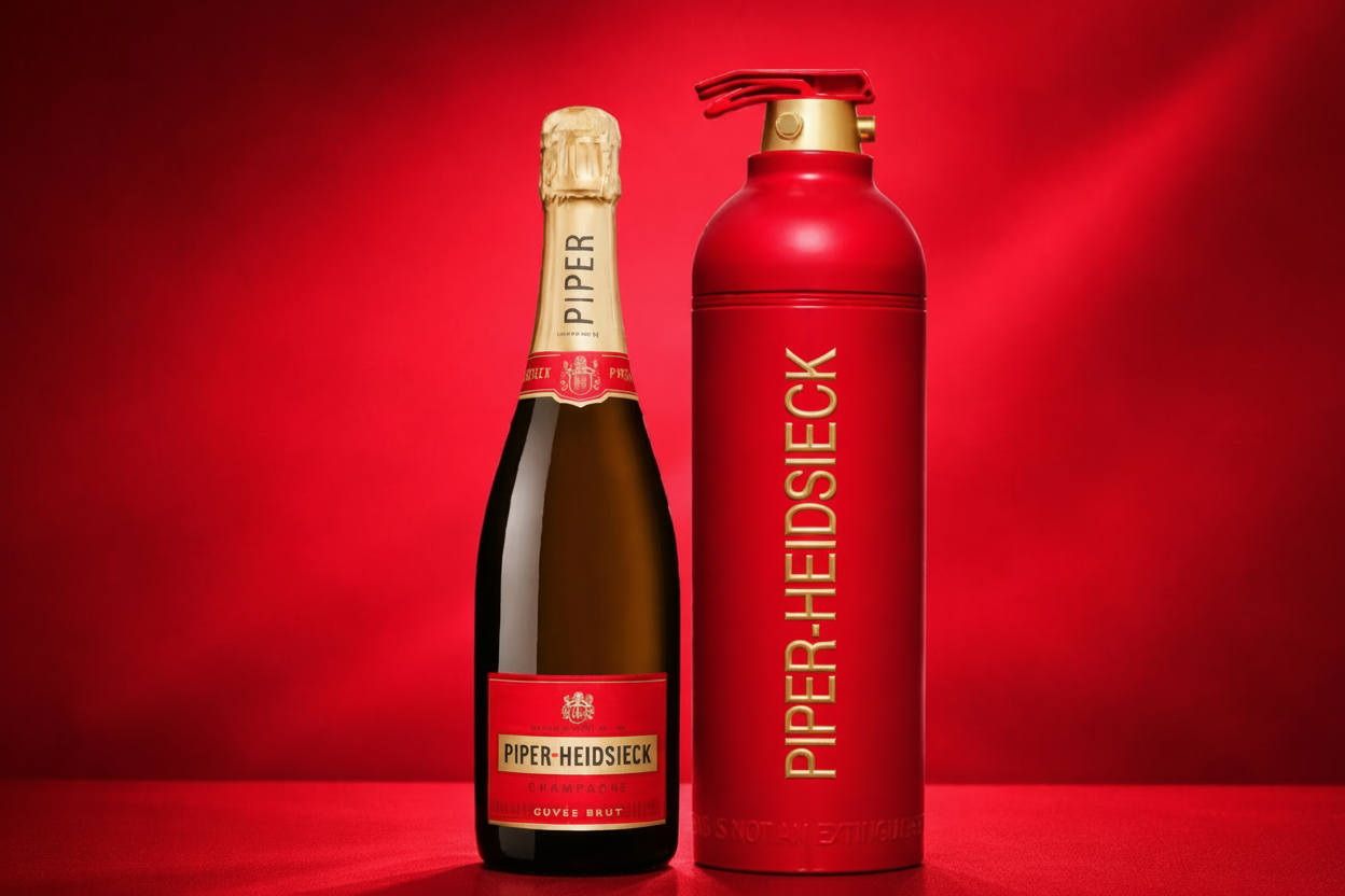 Bottle and fire extinguisher with Piper-Heidsieck branding on a red background