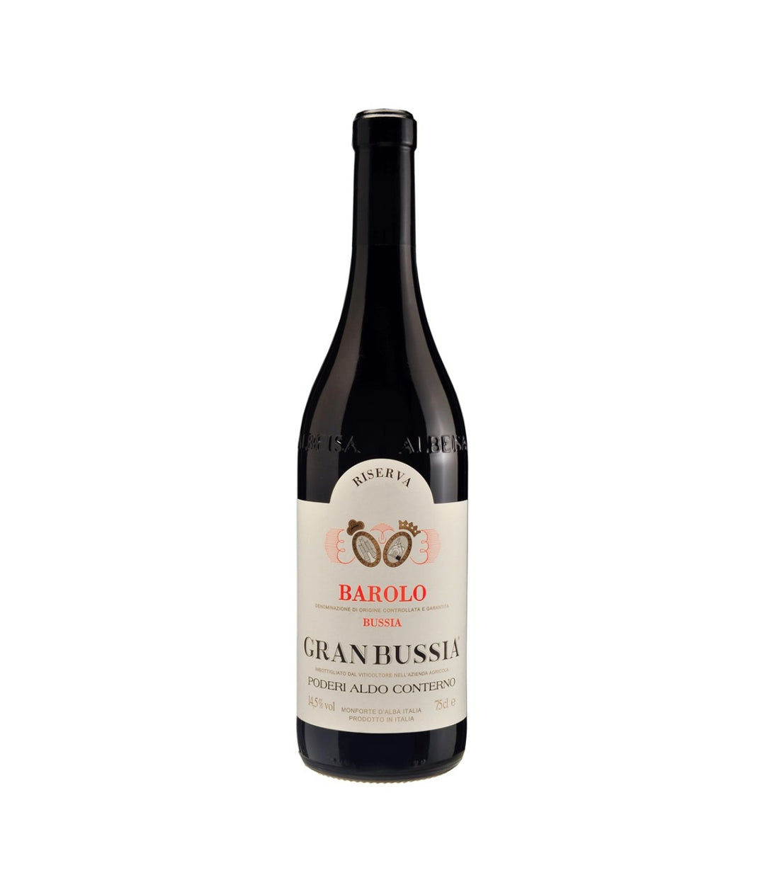 A bottle of Barolo Granbussia Riserva red wine, featuring a dark glass bottle with a cream-colored label and a black screw cap, set against a plain white background.