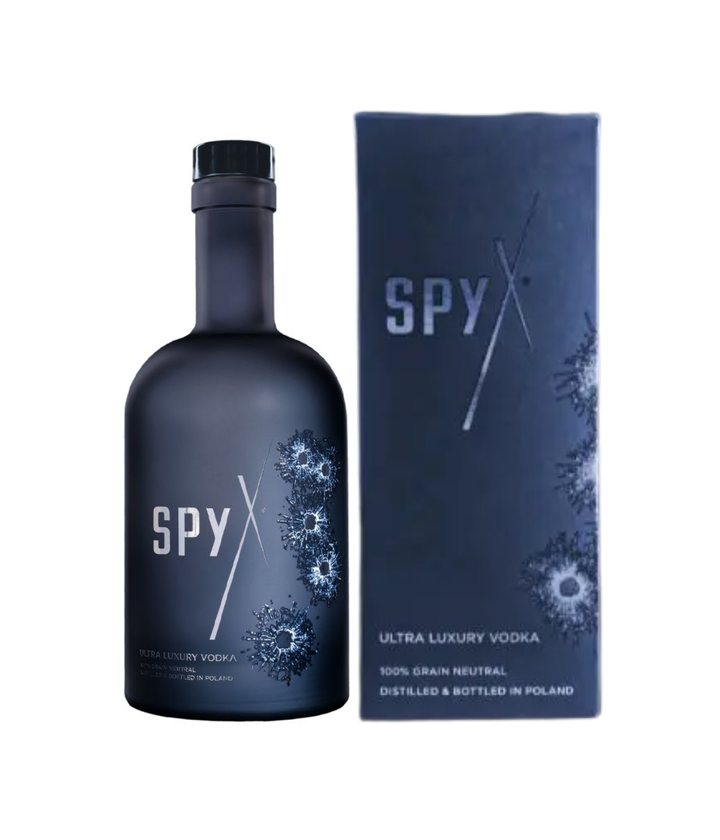 Spy X vodka bottle and packaging on a white background