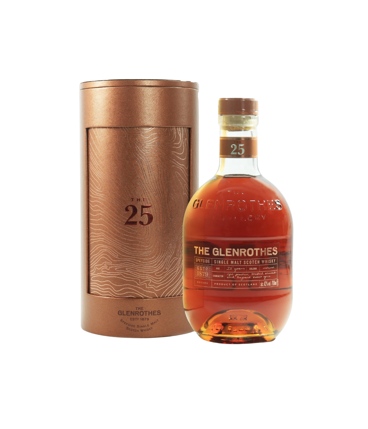 Glenrothes 25-year-old whiskey bottle and packaging on a white background