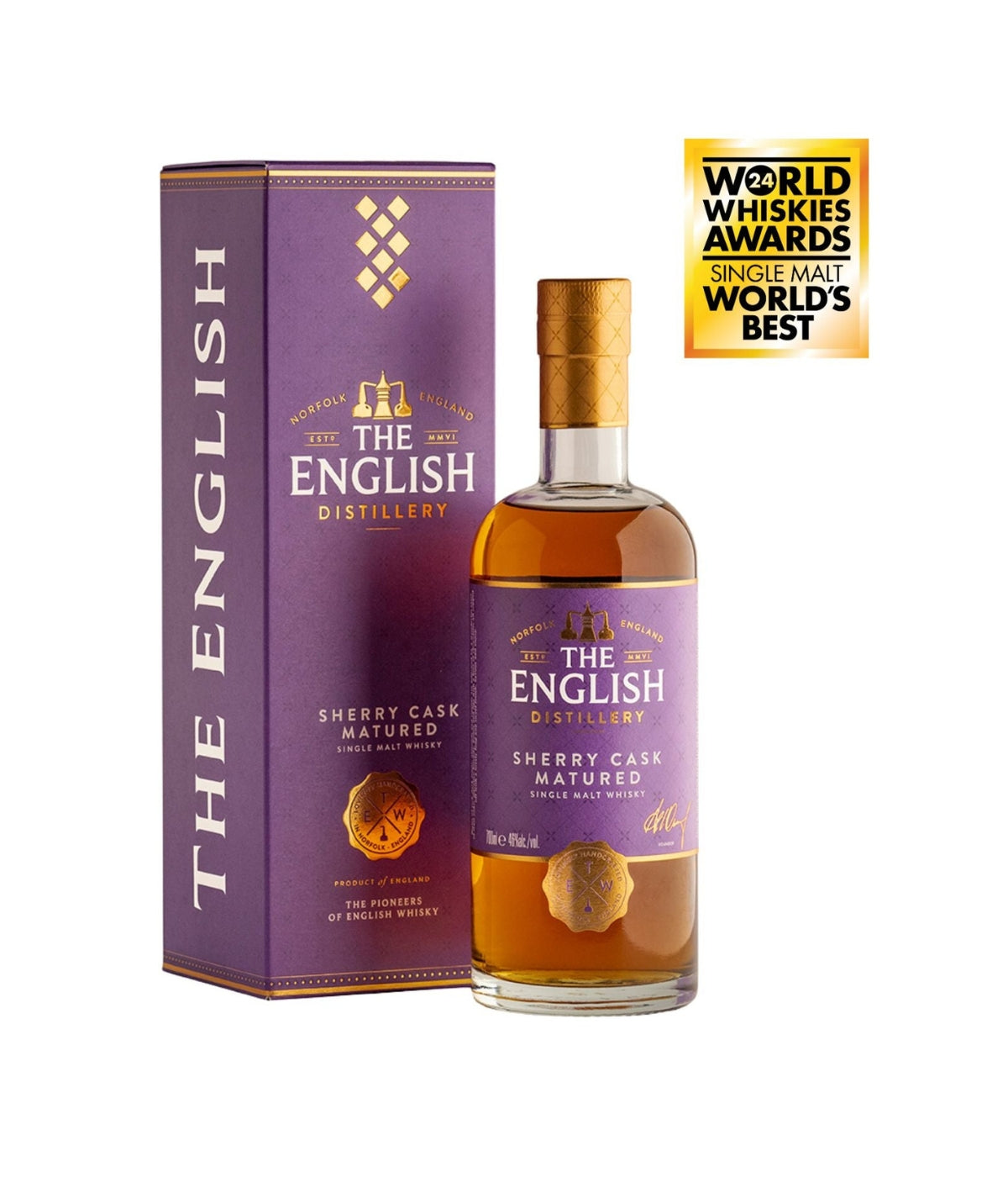 A bottle of The English Distillery Sherry Cask Matured single malt whisky next to its purple packaging box, with a gold World Whiskers Awards badge in the top right corner.