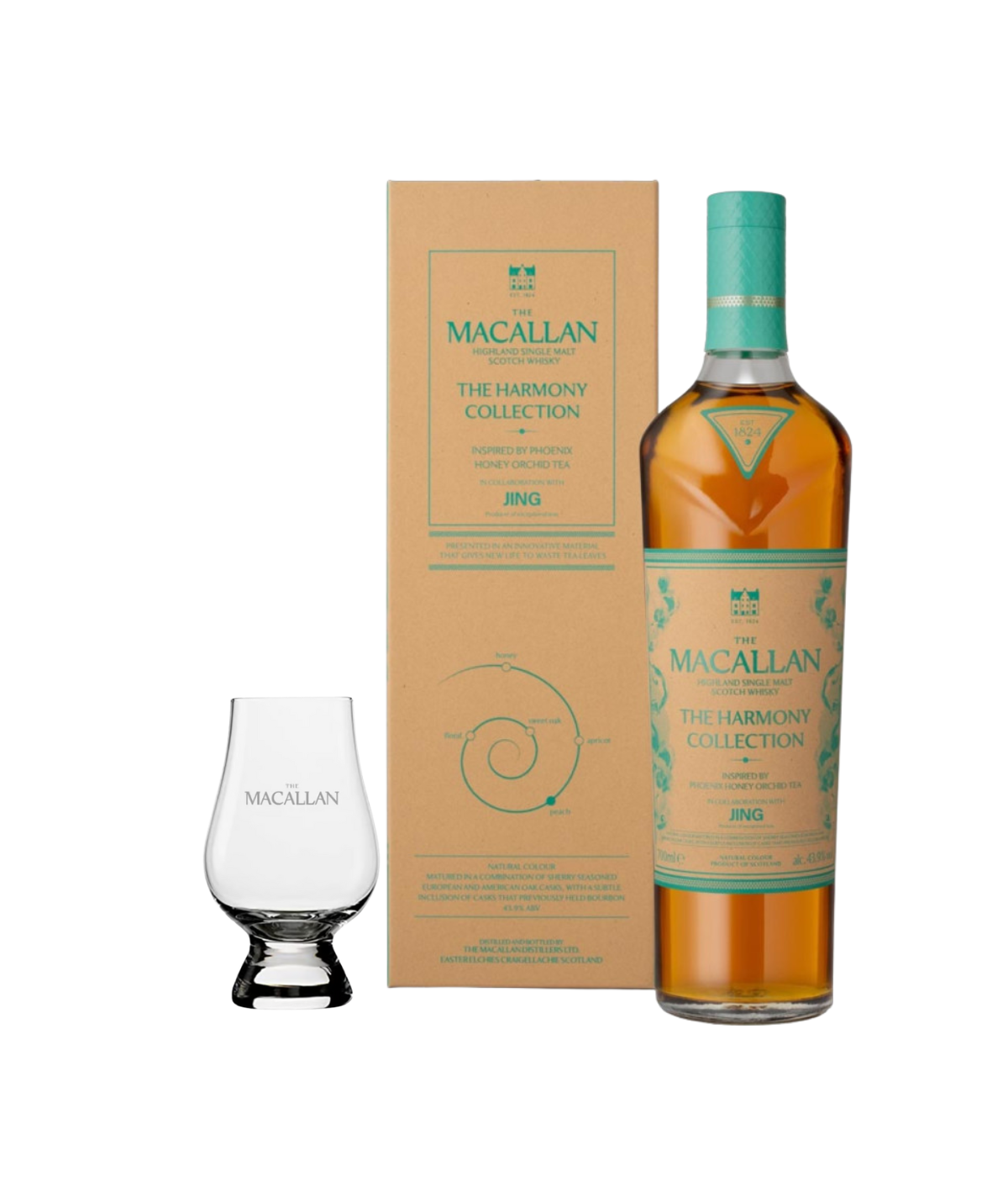 A bottle of Macallan The Harmony Collection JNG whisky, shown next to its kraft paper box and a small Macallan whisky glass on a white background.