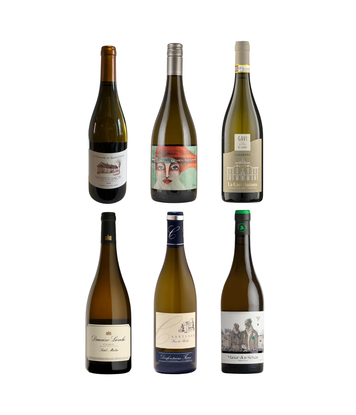 Six bottles of wine with various labels on a white background