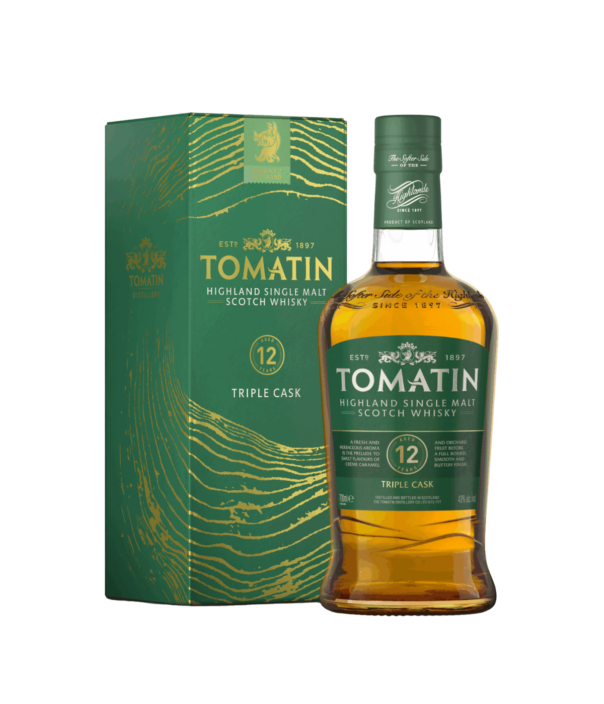 Tomatin 12 year old triple cask whisky bottle and packaging on a white background